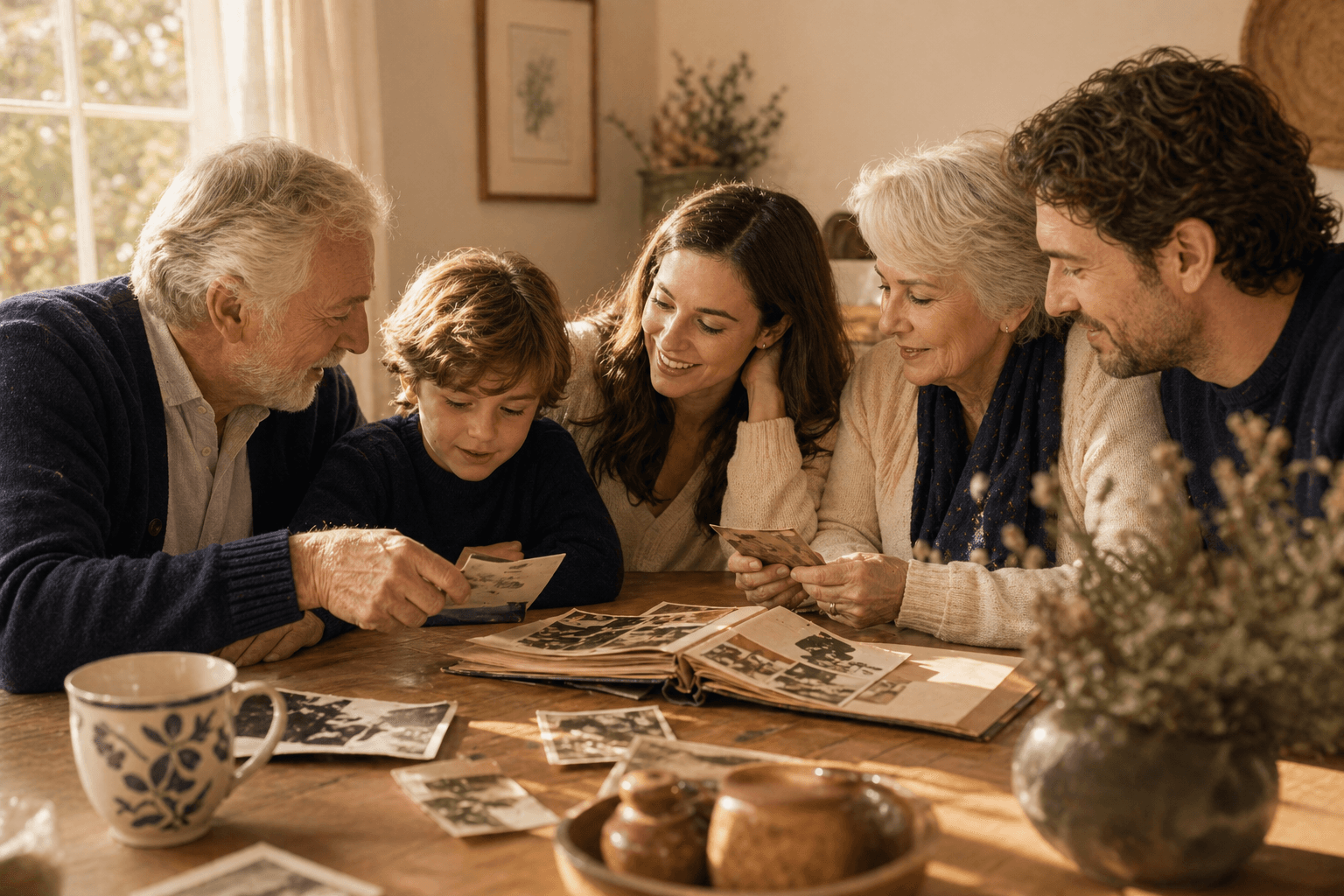 Three generations gathered around family photos at a bright table